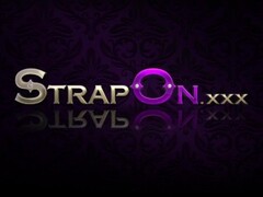 StrapOn Lesbians in black fishnets fuck with purple strapon dildo Thumb