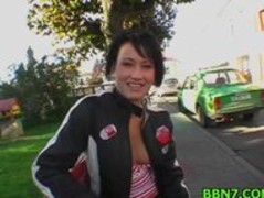 Brunette cutie down to blow horny dude's monster boner Thumb