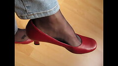 red leather pumps, nylons and jeans, shoeplay by Isabelle-Sandrine Thumb